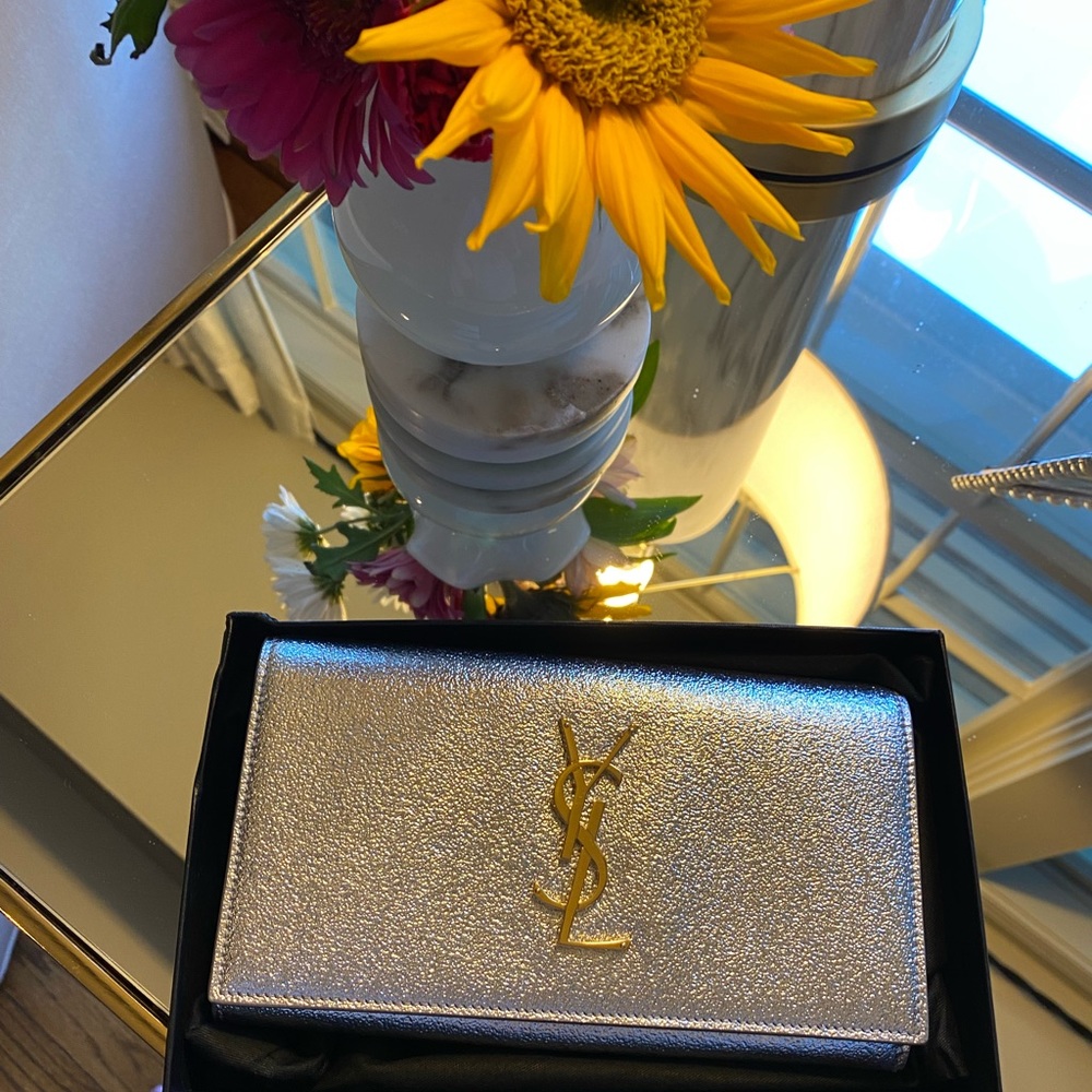 Authentic NWT YSL Wallet silver + gold hardware